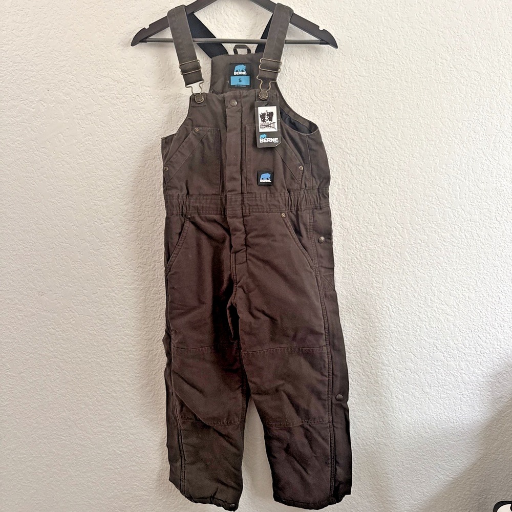 NWT Berne Youth S 7-8 Softstone Insulated Duck Bib Overalls Bark Brown BB21OD
